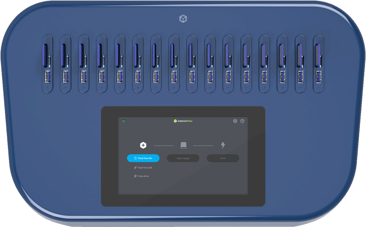 This image shows the Etcher pro using the Etcher software to flash 16 devices at once